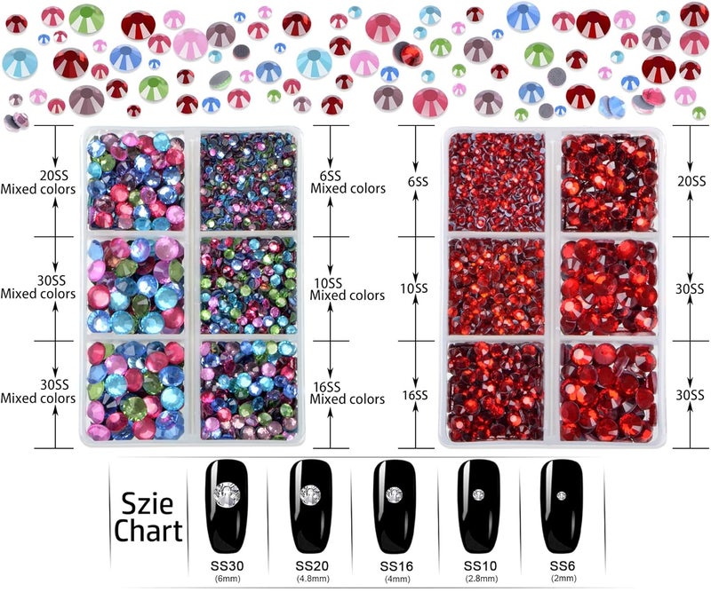 LPBeads 6400 Pieces Siam and Mix Color Hotfix Rhinestones Flat Back 5 Mixed Sizes Crystal Round Glass Gems with Tweezers and Picking Rhinestones Pen - Image 2